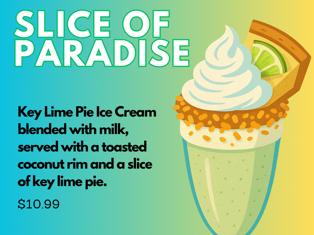 A milkshake glass with green key lime pie ice cream, topped with whipped cream, a toasted coconut rim, a slice of key lime pie, and a lime wedge, against a blue-to-yellow gradient background. Text describes the dessert and lists the price as $10.99.