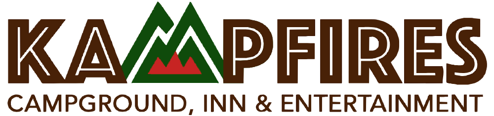 The logo reads “KAMPFIRES CAMPGROUND, INN & ENTERTAINMENT.” The A in KAMPFIRES is formed by two green triangular shapes resembling mountains with a red campfire icon at their base. The rest of the text is in bold brown letters.