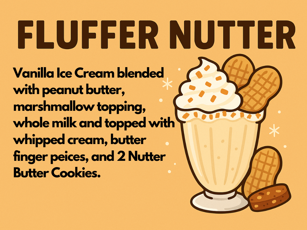 Illustration of a milkshake in a tall glass, topped with whipped cream, two Nutter Butter cookies, and butterfinger pieces. Text describes the shake as vanilla ice cream blended with peanut butter, marshmallow topping, whole milk, whipped cream, butterfinger pieces, and two cookies.