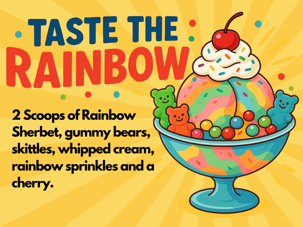 A colorful illustration of a sundae in a blue dish with two scoops of rainbow sherbet, whipped cream, a cherry, gummy bears, Skittles, rainbow sprinkles, and bold text describing the dessert on a yellow burst background.