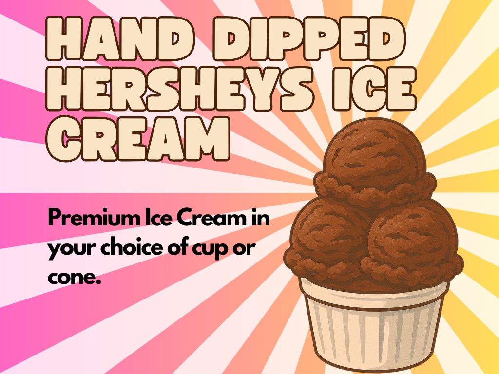 A retro-style ad with HAND DIPPED HERSHEYS ICE CREAM in bold letters above a cartoon cup holding three scoops of chocolate ice cream, with a pink, orange, and yellow sunburst background. Text below reads, Premium Ice Cream in your choice of cup or cone.