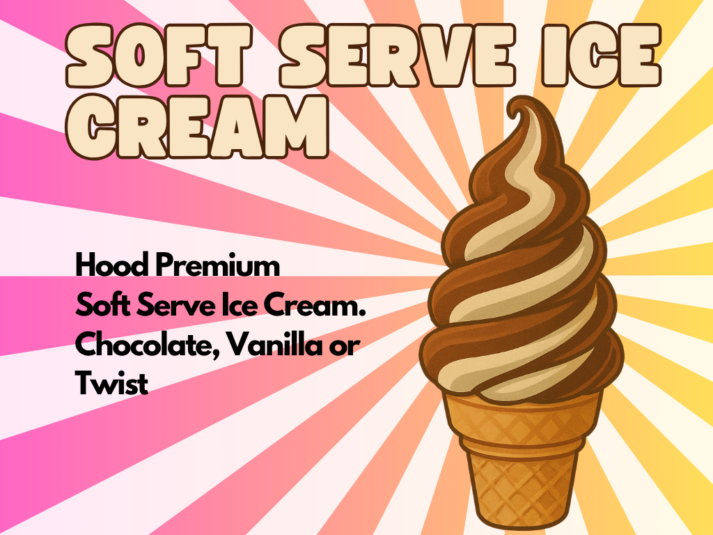 Illustration of a chocolate and vanilla swirled soft serve ice cream cone. Background features yellow and pink rays. Text reads: Soft Serve Ice Cream. Hood Premium Soft Serve Ice Cream. Chocolate, Vanilla or Twist.