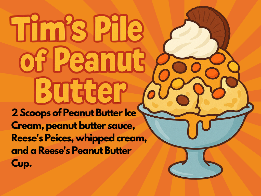 A blue dessert bowl holds two scoops of peanut butter ice cream topped with peanut butter sauce, orange and yellow Reese’s Pieces, whipped cream, and a Reese’s Peanut Butter Cup. Bold text describes “Tim’s Pile of Peanut Butter” on an orange ray background.
