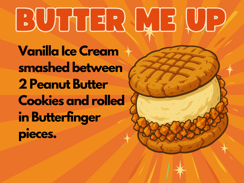 Illustration of an ice cream sandwich with vanilla ice cream between two peanut butter cookies, edges coated in Butterfinger candy pieces. Orange starburst background, bold text reads: “Butter Me Up.” Description of the treat appears on the left.