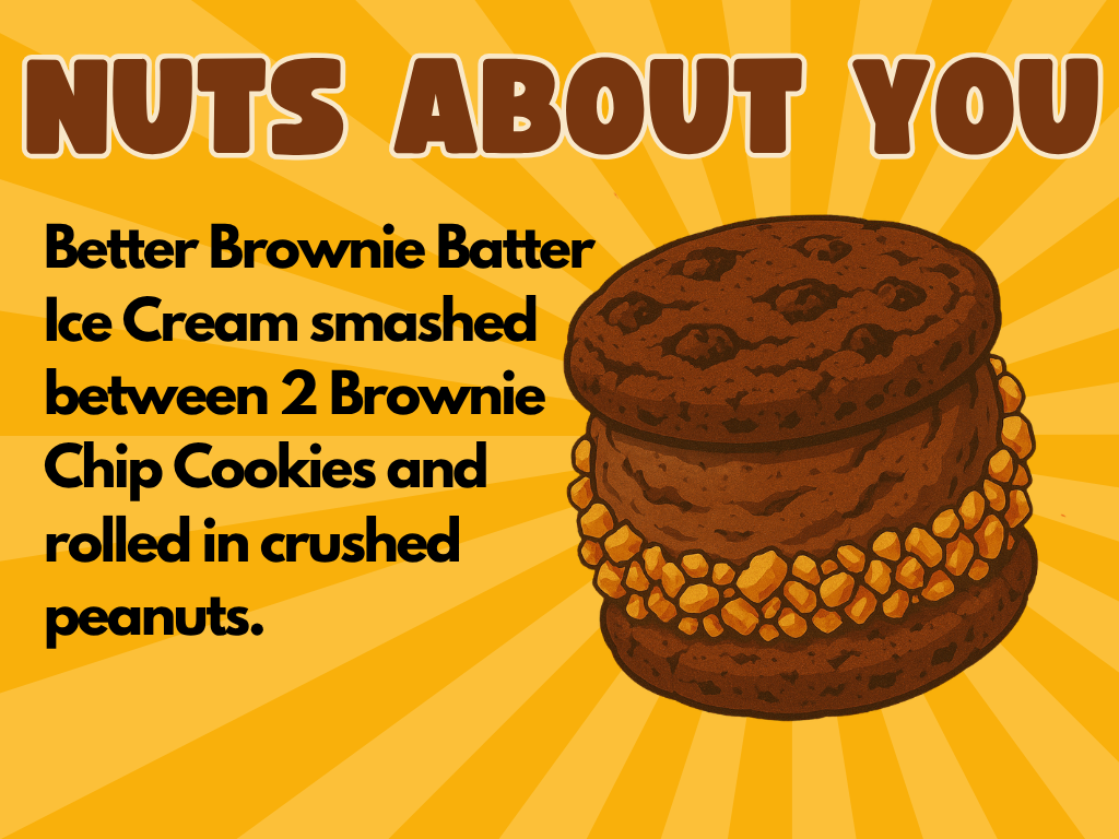 Illustration of a brownie ice cream sandwich with crushed peanuts around the edge, set against a yellow sunburst background. Bold text above reads “NUTS ABOUT YOU,” and below describes the dessert’s ingredients in black lettering.