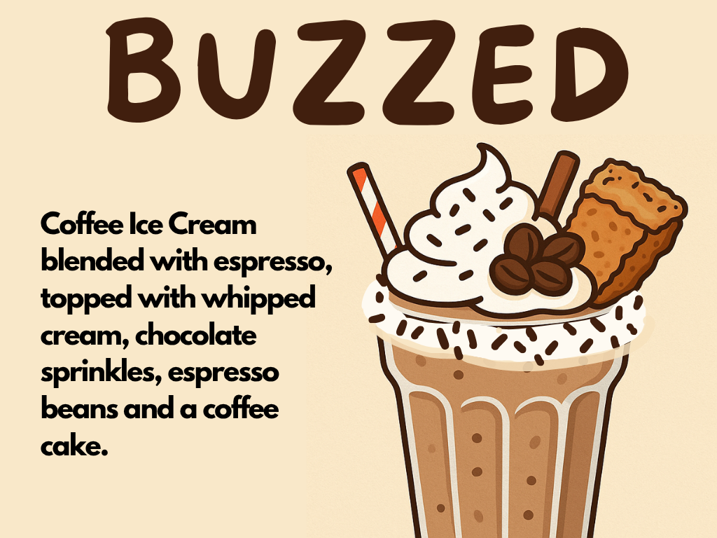 Illustration of a tall glass of coffee ice cream blended with espresso, topped with whipped cream, chocolate sprinkles, three espresso beans, a rolled wafer, and a piece of coffee cake. Text reads BUZZED and describes the drink’s ingredients.