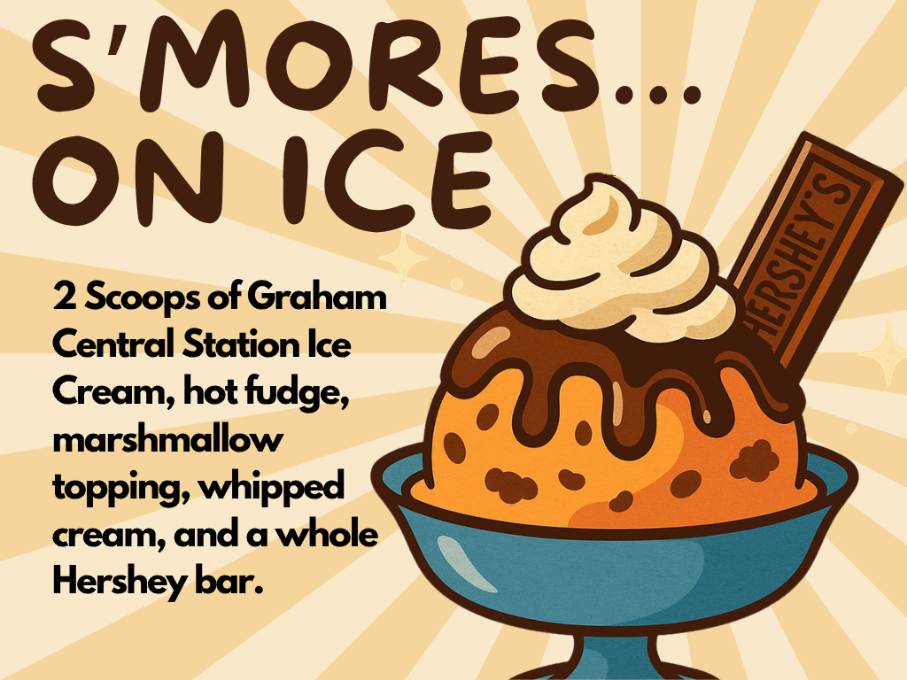 Illustration of a dessert: two scoops of ice cream in a blue bowl, topped with hot fudge, marshmallow topping, whipped cream, and a whole Hershey’s chocolate bar. Text describes it as “S’MORES...ON ICE” with a list of toppings and ingredients.