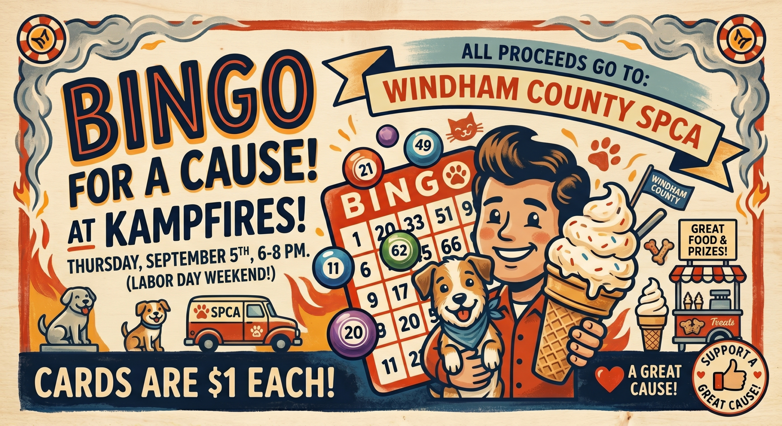 Illustrated poster for a Bingo night fundraiser at Kampfires, supporting Windham County SPCA. Features a smiling person with a dog and an ice cream, bingo cards, and event details. Includes icons for prizes, food, and animal advocacy. Cards are $1 each.