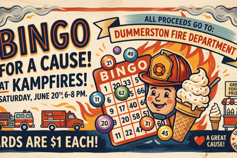 A colorful illustrated poster advertises a bingo fundraiser for the Dummerston Fire Department, featuring a firefighter mascot, bingo cards, fire trucks, and an ice cream cone. Text highlights date, time, price, and the event’s charitable purpose.