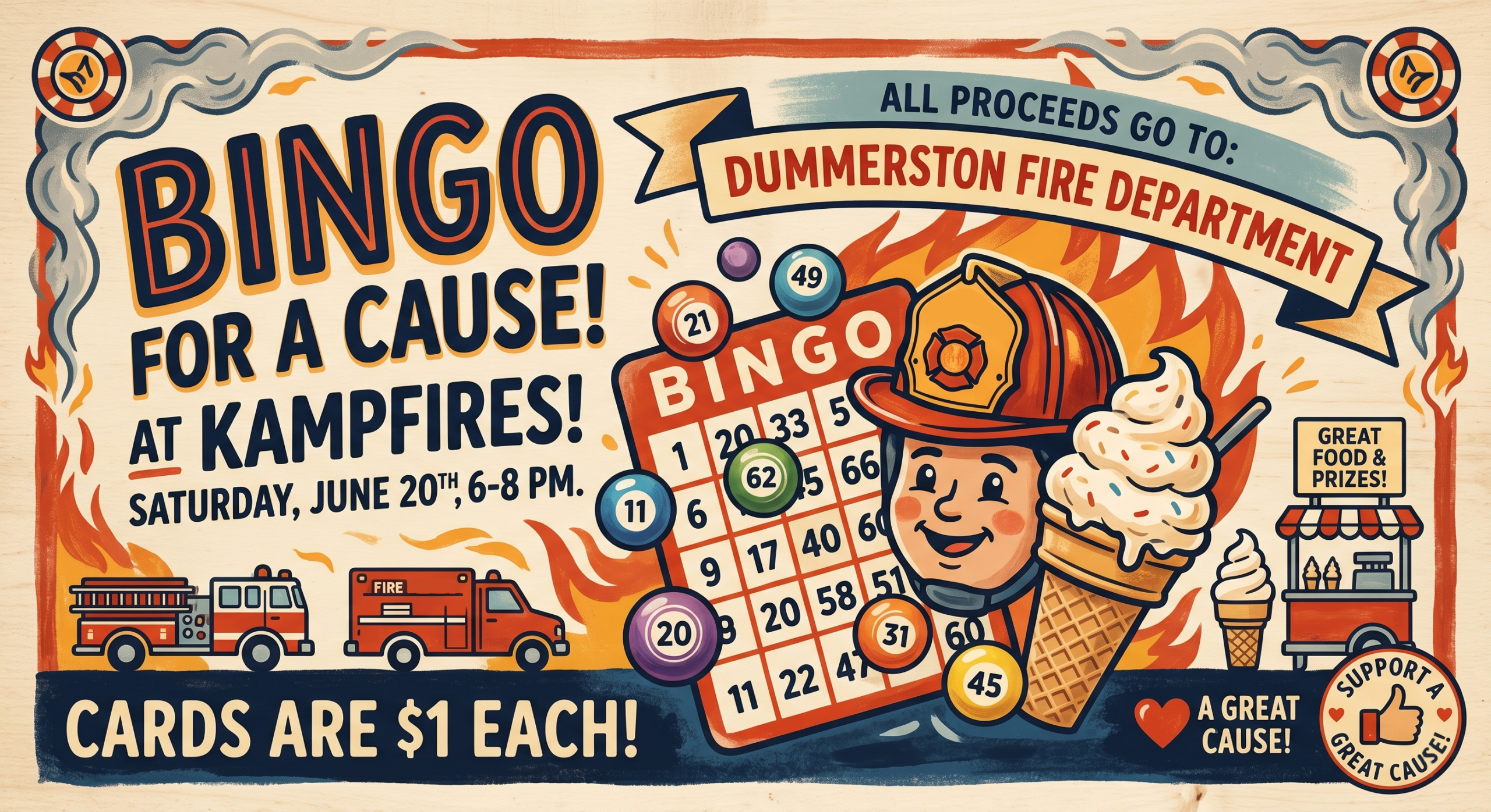 A colorful illustrated poster advertises a bingo fundraiser for the Dummerston Fire Department, featuring a firefighter mascot, bingo cards, fire trucks, and an ice cream cone. Text highlights date, time, price, and the event’s charitable purpose.